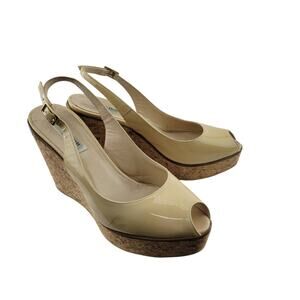 LK Bennett Platform Heels Womens 39 8.5 Cork Wedge Neutral Beige Patent Leather‎